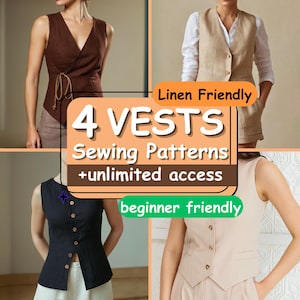 Puede incluir: La imagen presenta cuatro patrones de costura de chalecos de diferentes estilos y colores, incluyendo marrón, negro y beige. El texto en la imagen dice "4 VESTS Sewing Patterns + unlimited access", "Linen Friendly" y "beginner friendly".