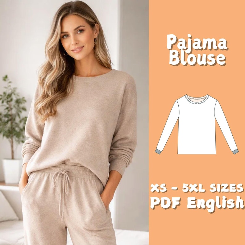 Women Pajama Blouse PDF Sewing Pattern Loose Long Sleeve Nightwear ...
