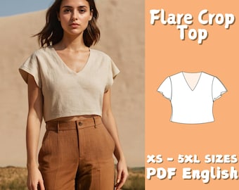 V Neck Crop Top Sewing Pattern Loose Shirt Pattern | Easy Ruffle Sleeve Top Blouse Sewing Pattern | Summer Linen Tank Top Pattern