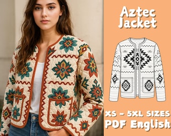 Patrón de costura de chaqueta acolchada para mujer / Patrón de abrigo de patchwork azteca / Patrón PDF de chaqueta holgada / Patrón de cárdigan de diseño tradicional