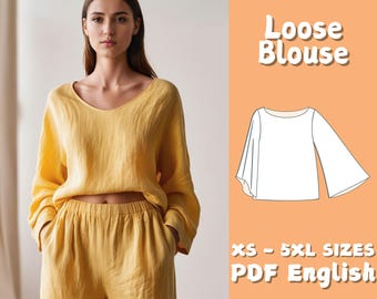 Linen Blouse Sewing Pattern: Boat Neck Tank Top, Flare Sleeve (PDF Pattern)