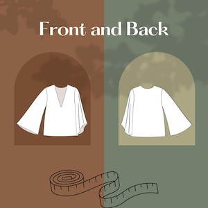 Op de afbeelding: Illustratie met de voor- en achteraanzicht van een witte blouse met uitlopende mouwen. De voorkant heeft een V-hals, de achterkant een ronde hals. Onderaan een meetlint. Tekst: "Front and Back".