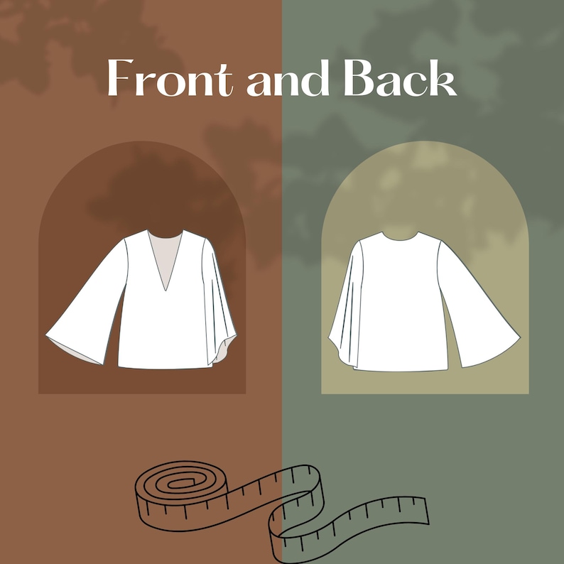 Op de afbeelding: Illustratie met de voor- en achteraanzicht van een witte blouse met uitlopende mouwen. De voorkant heeft een V-hals, de achterkant een ronde hals. Onderaan een meetlint. Tekst: "Front and Back".