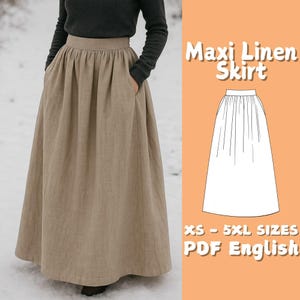 May include: A beige maxi linen skirt with pockets. The skirt is long and flowing, made of a natural-coloured fabric. The image also includes a diagram of the skirt and text that reads "Maxi Linen Skirt" and "XS - 5XL SIZES PDF English."