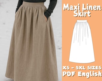 Maxi Skirt Sewing Pattern - Women Linen Gathered Skirt with Pockets Beginner Friendly Digital Tutorial