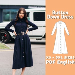 Long Sleeve Button Dress Sewing Pattern, Midi Formal Dress Pattern, Summer Casual Button Dress Pattern, Beginner Friendly Dress Pattern