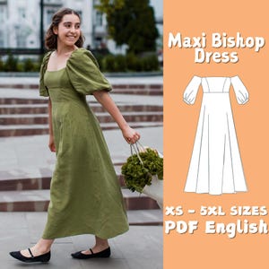 Bishop Sleeve Linen Dress PDF Sewing Pattern Women Summer Maxi Cottagecore Dress Pattern - Off Shoulders Linen Dress Pattern