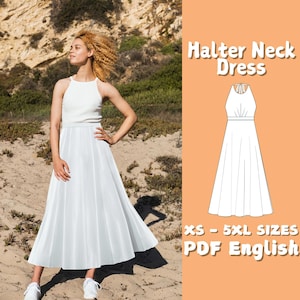 Halter Neck Dress Sewing Pattern, Open Back Dress Pattern, Summer Casual Dress PDF Pattern, Maxi Bridesmaid Dress Beginner Pattern