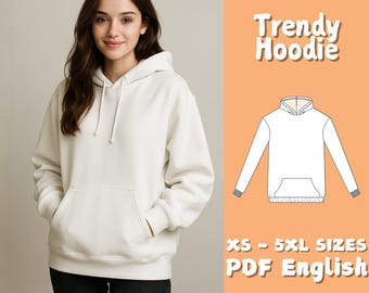 Wykrój na bluzę z kapturem dla kobiet | Wzór PDF na bluzę dla początkujących | Samouczek szycia luźnego swetra | Wykrój na rozmiar XS-5XL plus size