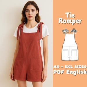 May include: A terracotta tie-strap romper with two front pockets. The model is wearing a white t-shirt. The image also includes a diagram of the romper and the text "Tie Romper", "XS - 5XL SIZES", and "PDF English".