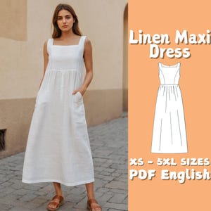 Sleeveless Maxi Linen Dress Sewing Pattern, Gathered Dress with Pockets PDF Pattern, Cottagecore Easy Dress Beginner Pattern