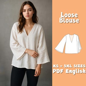 Blousepatroon met wijd uitlopende mouwen | Linnen top met V-hals, beginnersvriendelijk project | Naaipatroon oversized trendy tuniek
