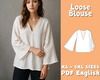 Flare Sleeve Blouse Pattern | V Neck Linen Top Beginner Friendly Project | Oversized Trendy Tunic Sewing Pattern