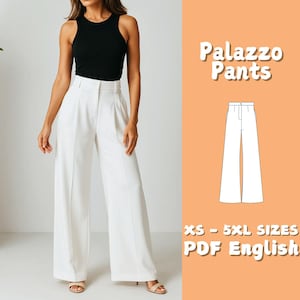 Op de afbeelding: Een persoon draagt een zwarte tanktop en een witte palazzo broek. De afbeelding bevat een diagram van de broek en de tekst "Palazzo Pants", "XS - 5XL SIZES" en "PDF English".