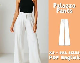 Pants Sewing Pattern | Wide Leg Women Trousers Patterns | Palazzo Button Pants Instant Download