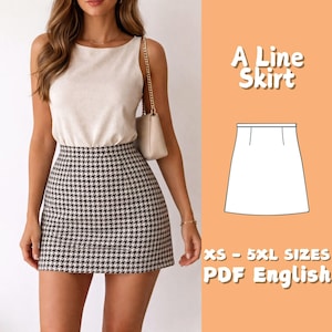 Puede incluir: Falda en línea A con estampado de pata de gallo en blanco y negro. La falda se combina con una camiseta sin mangas beige. La imagen también incluye un diagrama de la falda y el texto "A Line Skirt" y "XS - 5XL SIZES PDF English."