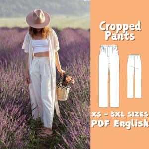 Pants Sewing Pattern, Cropped Linen Pants Pattern, Women Summer Pockets Pants Pattern, High Waist Trousers Beginner Pattern