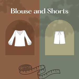 May include: Illustration of a white blouse with long, puffy sleeves and a V-neck, paired with white shorts. The text "Blouse and Shorts" is at the top. A measuring tape is at the bottom. The background is divided into brown and green sections.