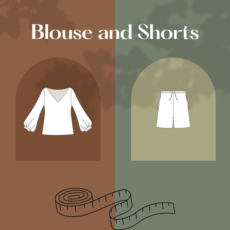 May include: Illustration of a white blouse with long, puffy sleeves and a V-neck, paired with white shorts. The text "Blouse and Shorts" is at the top. A measuring tape is at the bottom. The background is divided into brown and green sections.