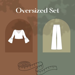 May include: An illustration of a white oversized set, including a top with bell sleeves and wide-leg pants. The text "Oversized Set" is at the top. A measuring tape is at the bottom. The background is divided into brown and green sections.