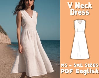 Patrón de vestido midi de lino: Corte en A con escote en V, ideal para principiantes (patrón en PDF)
