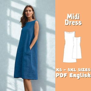 Linen Loose Dress Sewing Pattern, Boat Neck Midi Summer Dress Beginner Pattern, Summer Pockets Milkmaid Dress Sewing Pattern