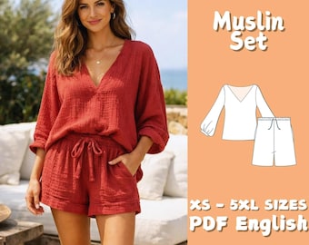 May include: A red muslin set, including a long-sleeved V-neck top and shorts with a drawstring waist. The image also features a diagram of the set and text that reads "Muslin Set" and "XS - 5XL SIZES PDF English".