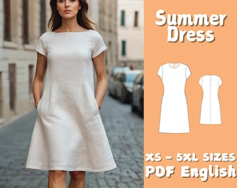 Women Linen Dress with Pockets Pattern, Summer Short Sleeve Dress Sewing Pattern, Sundress Pattern, A Line Dress Beginner Pattern