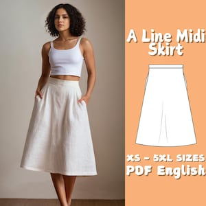 以下が含まれることがあります： 白いAラインミディスカートとポケット、お揃いのクロップトップを着た女性。画像には、「A Line Midi Skirt」と「XS - 5XL SIZES PDF English」というテキストが入ったスカートの図も含まれています。