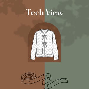Puede incluir: Dibujo lineal de una chaqueta acolchada con dos bolsillos y cierres de lazo. La chaqueta est&aacute; dentro de una forma de arco. Las palabras "Tech View" est&aacute;n en la parte superior. Una cinta m&eacute;trica est&aacute; en la parte inferior.