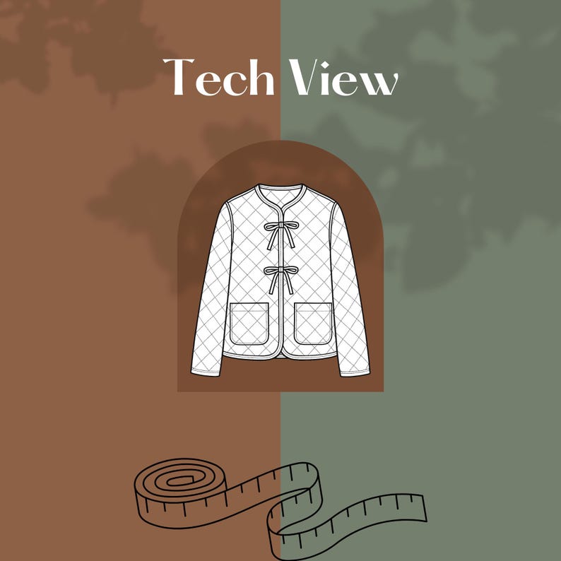 Puede incluir: Dibujo lineal de una chaqueta acolchada con dos bolsillos y cierres de lazo. La chaqueta est&aacute; dentro de una forma de arco. Las palabras "Tech View" est&aacute;n en la parte superior. Una cinta m&eacute;trica est&aacute; en la parte inferior.