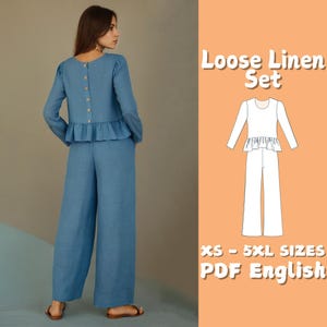 May include: A light blue linen set featuring a long-sleeved top with a frilled hem and wide-leg trousers. The top has wooden buttons down the back. The image also includes a diagram of the set and the text "Loose Linen Set" and "XS - 5XL SIZES PDF English."