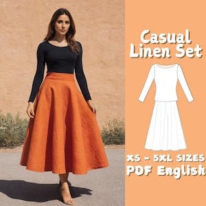 Set Long Sleeve Top and Maxi Skirt Sewing Pattern, Linen Summer Set Pattern for Women, Gathered Maxi Skirt Pattern, Formal Blouse Pattern