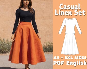 May include: A sewing pattern for a casual linen set, featuring a long-sleeved top and a full skirt. The pattern includes sizes XS-5XL and is available in English. The image shows a woman wearing a similar set in orange and black.