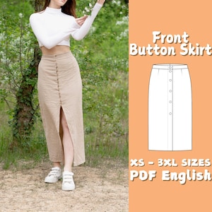 Peut inclure: Jupe beige à boutons sur le devant avec une fente, portée avec un haut blanc à manches longues. La jupe présente une rangée de boutons sur le devant. Le texte sur l'image indique "Front Button Skirt" et "XS - 3XL SIZES PDF English".