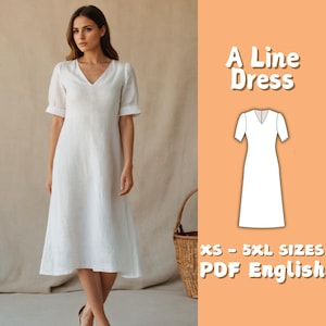 Linen A-Line Dress Sewing Pattern: V-Neck Midi (PDF Pattern)