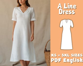 Women Linen A Line Dress Sewing Pattern | Loose V Neck Midi Dress PDF Pattern | Cotton Linen Summer Dress Pattern