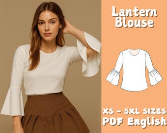 Lantern Sleeve Blouse Sewing Pattern Women Trendy Top Beginner Friendly Sewing Tutorial XS-5XL Sizes