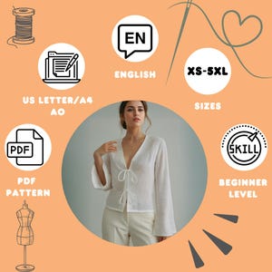 May include: A white blouse with a tie-front closure and bell sleeves is shown. The image includes text that says "English", "XS-5XL", "PDF Pattern", and "Beginner Level". The background is a light orange colour.
