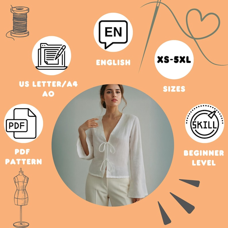 May include: A white blouse with a tie-front closure and bell sleeves is shown. The image includes text that says "English", "XS-5XL", "PDF Pattern", and "Beginner Level". The background is a light orange colour.