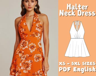 Halter Neck Mini Dress Sewing Pattern: Open Back, Tie Closure (PDF Digital Download Pattern)