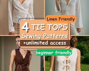 Peut inclure: Image présentant quatre hauts à nouer de différents styles. Les hauts sont blancs et marron, avec des manches longues et courtes. Le texte indique : "4 Tie Tops Sewing Patterns + unlimited access", "Linen Friendly" et "beginner friendly".