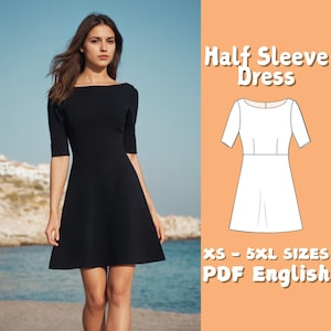 A Line Dress Sewing Pattern Summer Half Sleeve Dress PDF Pattern Boat Neckline Party Dress Sewing Pattern | XS - 5XL Dress