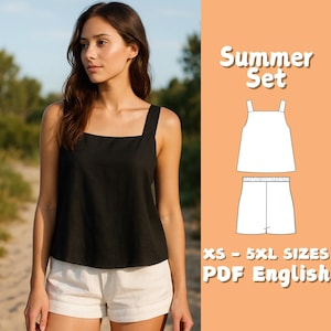 May include: A woman wearing a black tank top and white shorts. The image includes a diagram of a summer set, with the text "Summer Set" and "XS - 5XL SIZES PDF English".