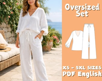 Oversized Set Sewing Pattern Women Summer Loungewear V-Neck Blouse and Elastic Pants Sewing Patterns