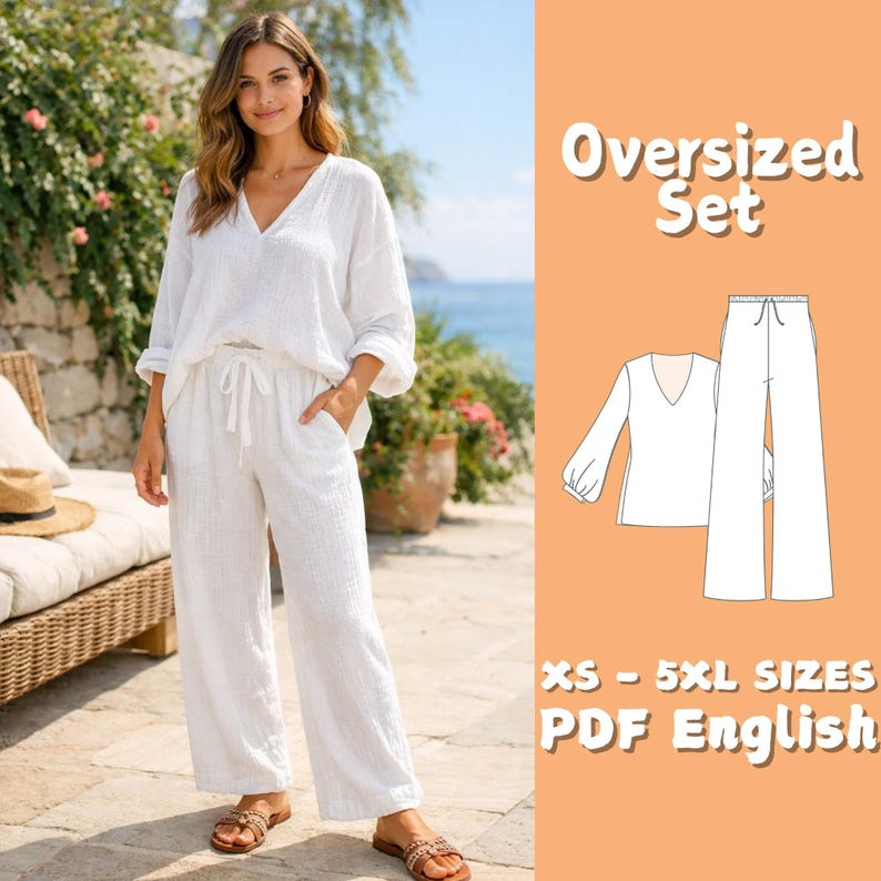 Oversized Set Sewing Pattern Women Summer Loungewear V-neck Blouse and ...