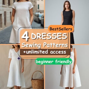 Peut inclure: Image présentant quatre modèles de robes. Le texte sur l'image indique "4 ROBES Patrons de couture + accès illimité débutant convivial BestSellers". Les robes sont en blanc et noir.