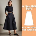 A Line Skirt Sewing Pattern Women Midi Skirt with Pockets PDF Pattern High Waist Casual Skirt PDF Sewing Pattern