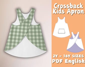 Kids Crossback Apron PDF Sewing Pattern 2 - 15 Years Linen Apron with Front Pocket Beginner Friendly Sewing Tutorial