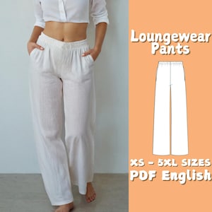 Wide Leg Pants Pattern - Elastic Waist Cotton Linen Pants Sewing Pattern - Pockets Loose Loungewear Pants Pattern